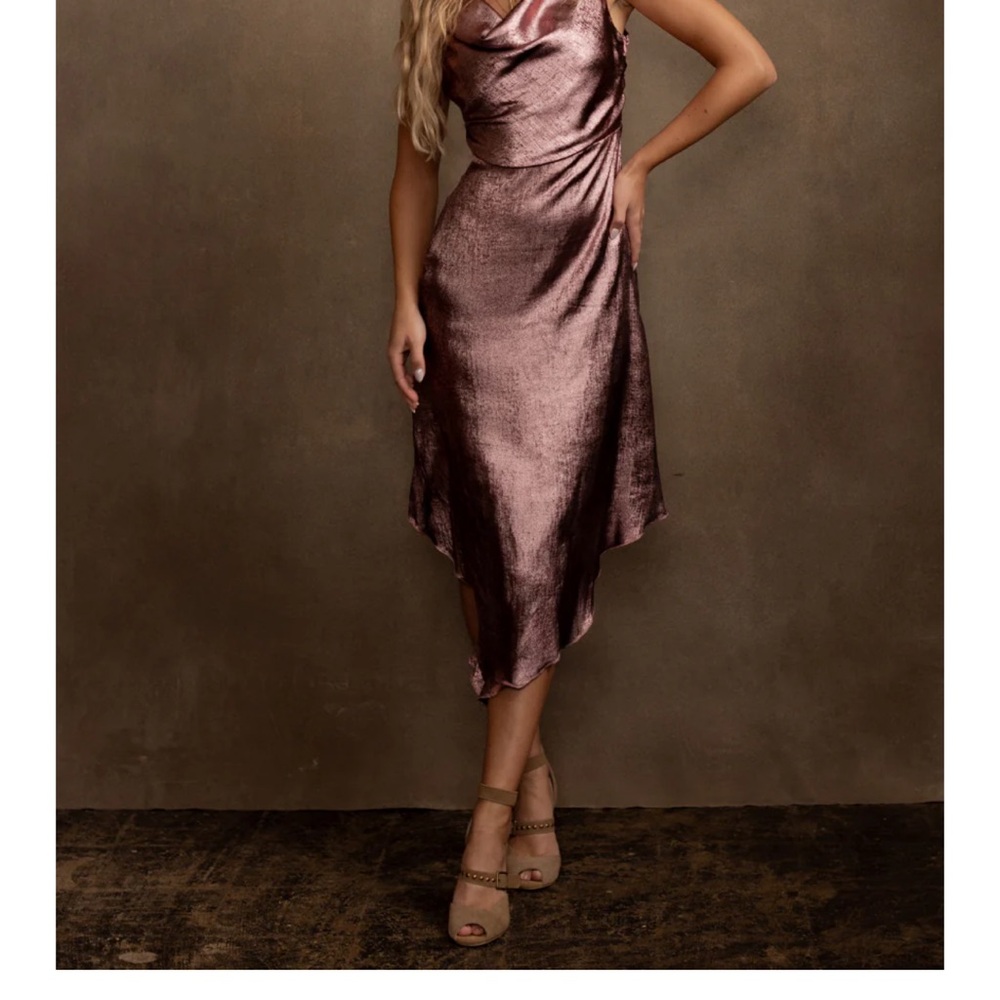 Joyfolie Asymmetrical Satin Slip Dress in Metallic Mauve